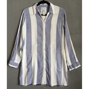 Tommy Bahama Dress Women XS Blue Striped Collared Pockets  Long Sleeve Roll Tab